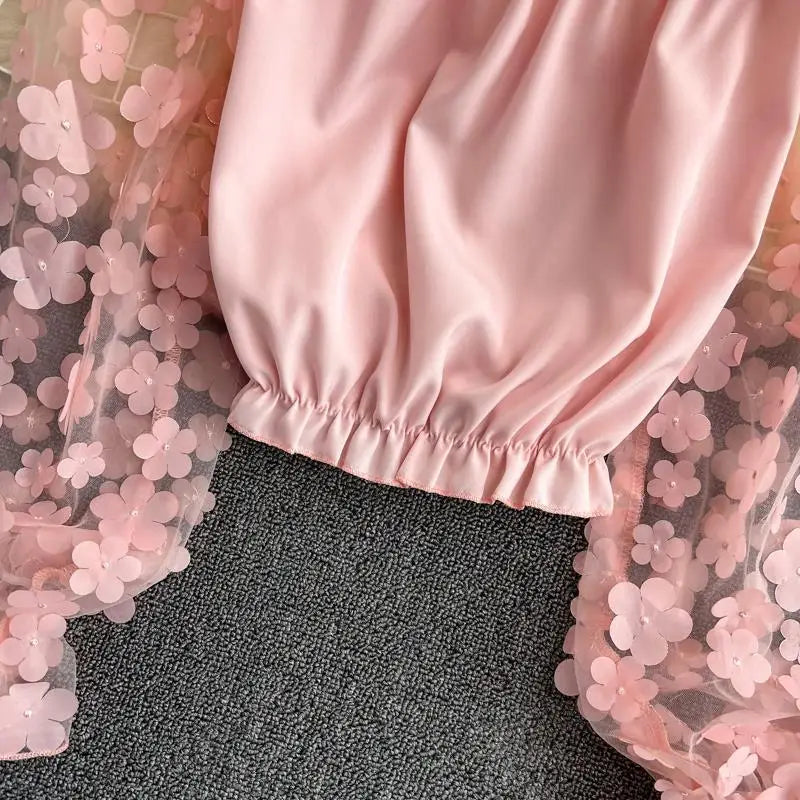 Flower Three-dimensional Decoration Slash Neck Long Sleeve Women's Blouse Shirt Korean Fashion Female Clothing Tops 2024 Summer