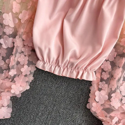 Flower Three-dimensional Decoration Slash Neck Long Sleeve Women's Blouse Shirt Korean Fashion Female Clothing Tops 2024 Summer