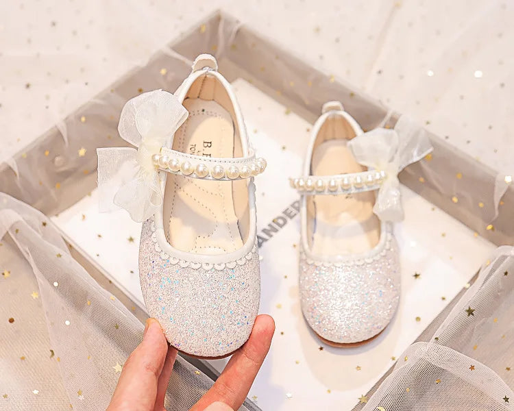 Fashion Girls Mary Janes for Party Wedding Shows Bow Pearls Elegant Princess Shoes Chic Kids Shoes Non-slip Children Fashion