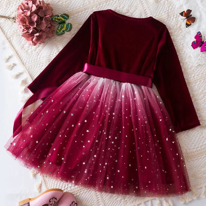 Girl Party Princess Dress Autumn Winter 3-8Y Children Christmas New Year Velvet Top Gradient Stars Mesh Bow Dress