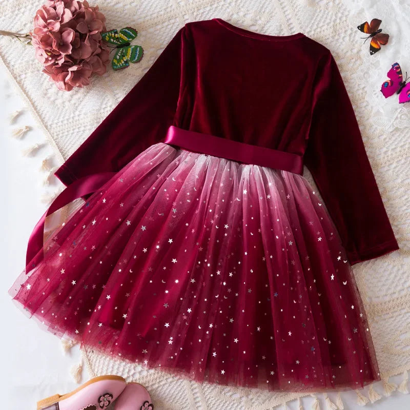 Girl Party Princess Dress Autumn Winter 3-8Y Children Christmas New Year Velvet Top Gradient Stars Mesh Bow Dress