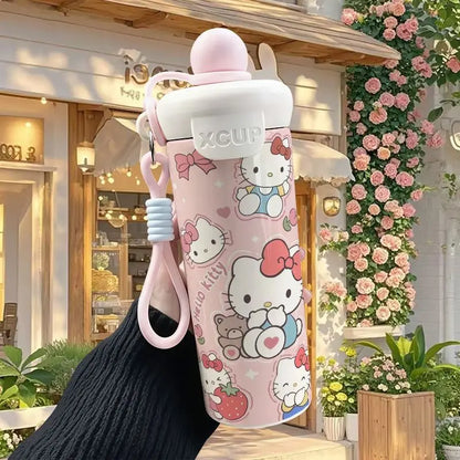 600ml Sanrio Hello Kitty Vacuum Thermos Cup SS316 Insulated Coffee Mug with Lifting Rope Portable Outdoor Drinking Water Kettle