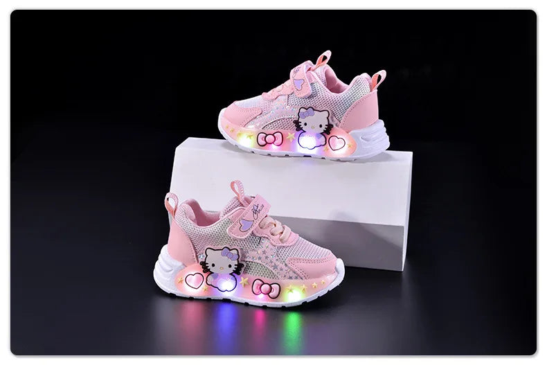 Hello Kitty Led Casual Sneakers for Summer Girls Print Mesh Breathable Shoes Children Lighted Non-Slip Cute Outdoors Sport Shoes