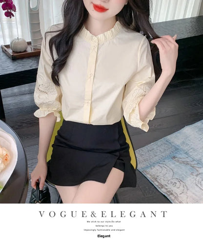 Ele Embroidered ort Sve irt Women's Summer New Design Korean Sle Commute Lantern Sve White irt for Ladies