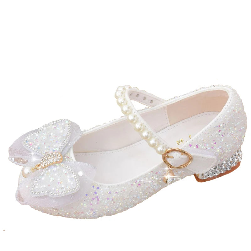 Glitter Girls' Dress Shoe with Wedding Ceremony Party White Sequin Shoes Heeled Children Bow High Heels Girls Shoes Princess New