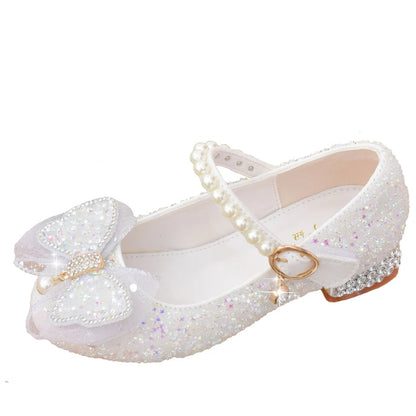 Glitter Girls' Dress Shoe with Wedding Ceremony Party White Sequin Shoes Heeled Children Bow High Heels Girls Shoes Princess New