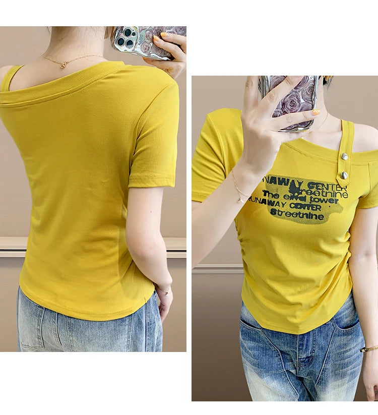 Sexy oulder Bared T irt Women's ort Sve Asymmetrical Collar Faionable Slimming Top Korean Sle Cotton Blend Summe...