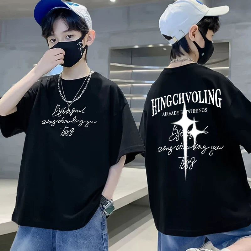 Summer 100% Cotton Boys Blue T-shirt Cool Graffiti Printed Girls Tees Short Sleeve Children Tops High Quality Kids Clothes
