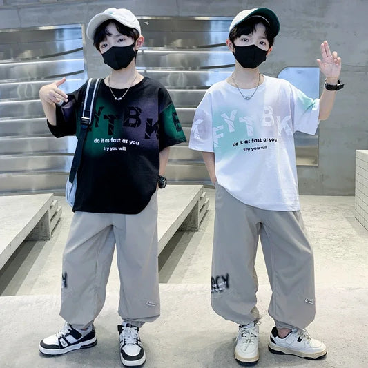 Teenager Boys Clothes Casual Outfit Kids Gradient Tracksuit Child t shirt + ankle tie pant