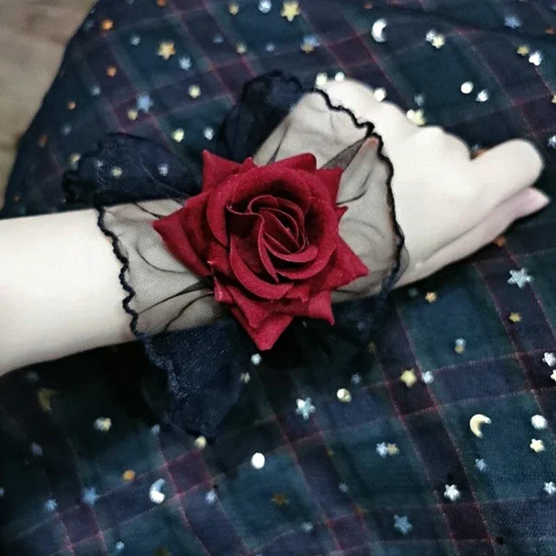 Dark Gothic Red Rose Wristband Flowers Mesh Hand Ornaments Fake Sleeve Detachable Lace Wrist Bands Bracelets Accessories