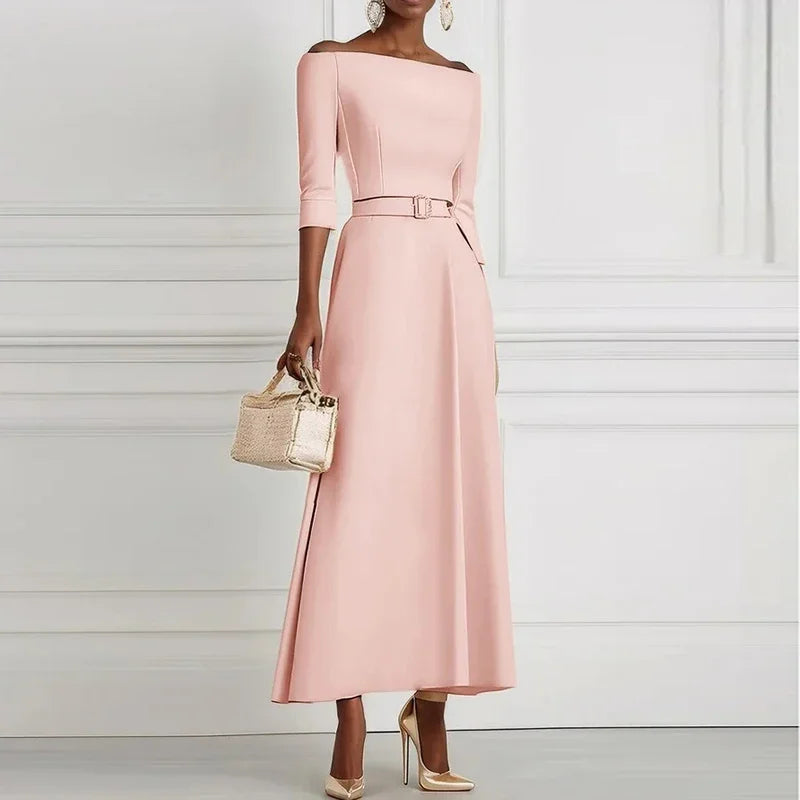 Elegant Party Dresses For Women One Shoulder Half Sleeve High Waisted A-Line Long Dress Women Offfice Dress White (Available)