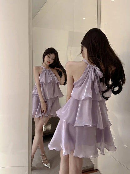 Woman Dress Elegant Sweet Sleeveless Ruffles Mesh Loose Summer New Cake Mini Dresses Solid Sexy Female Casual Fairy 2026