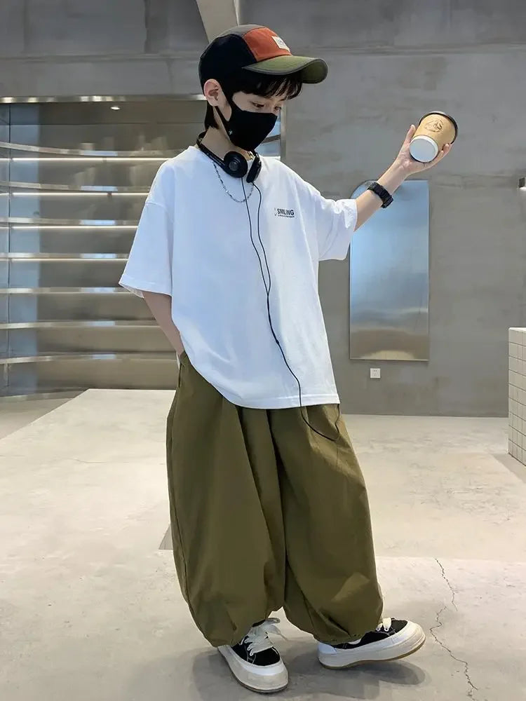 New Teenage Children's Clothing Big Boys Summer Cotton Set Summer Loose Boy Handsome T-shirt+ Lantern Pants Set Outfits
