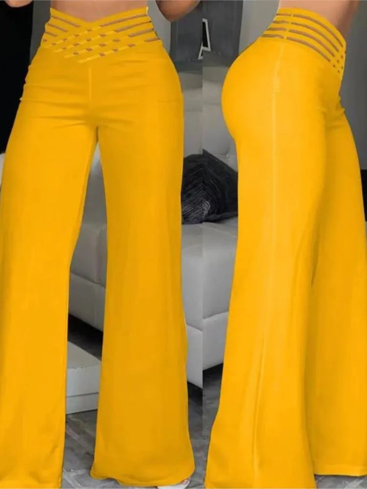 Women Wide Leg Flared Pants  Spring Casual Crisscross Sheer Mesh Patch High Waist Trousers Y2k Streetwear Elegant Work Pant (Available)