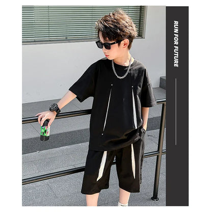 American Kids Design Double Cotton Gauze Clothing Set For Teenage Boy Casual Summer Top and Bottom Clothes Set Child Tracksuit