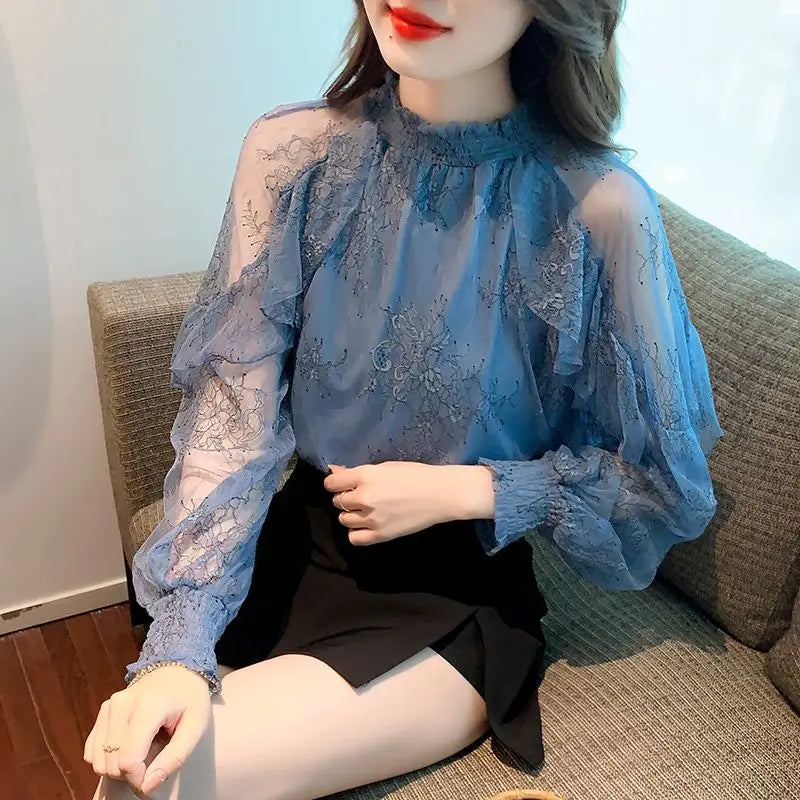Chiffon Women's Shirt and Blouse Lace Flowers Luxury Designer Youthful Woman Clothes Vintage Clothing Female Tops Trend 2025 New