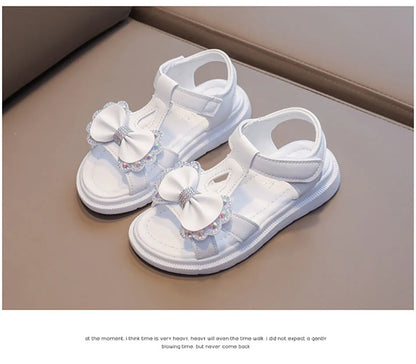 Adorable Elegant Girls Summer Casual Sandals Soft Soled Princess Style Kids Shoes Comfort Breath Anti Slip Magic Strap Closure