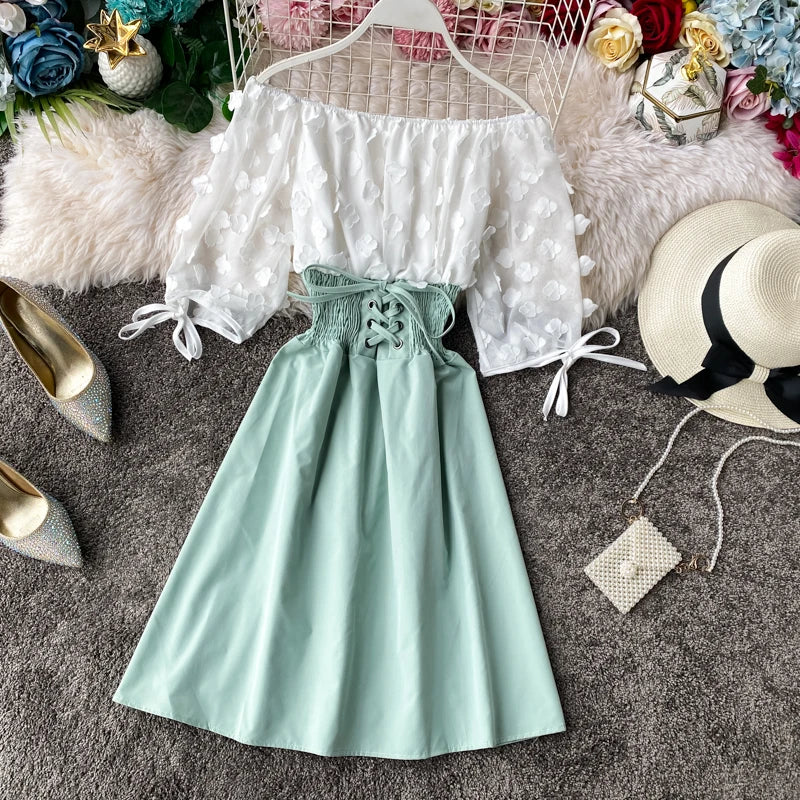 Summer Women's Dress Sexy Off Shoulder Patchwork Party Flower Chiffon Waist Lace Up Beach Short Dresses