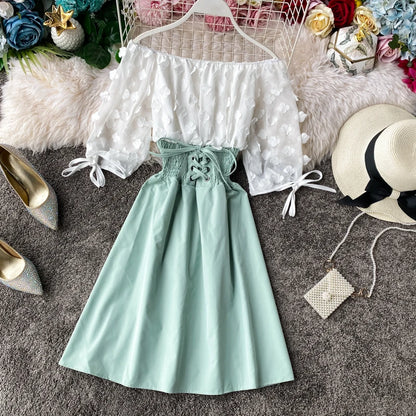 Summer Women's Dress Sexy Off Shoulder Patchwork Party Flower Chiffon Waist Lace Up Beach Short Dresses