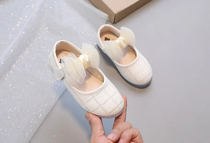 Korean Style Kids Solid Color Embroidered Leather Shoes Girls Big Bow Mesh Flower Princess Flat Dance Shoes