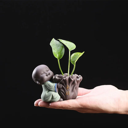 Fortune Lucky Cute The Little Monk Purple Clay Tea Pet Home Decor Mini Water Planting Flower Vase