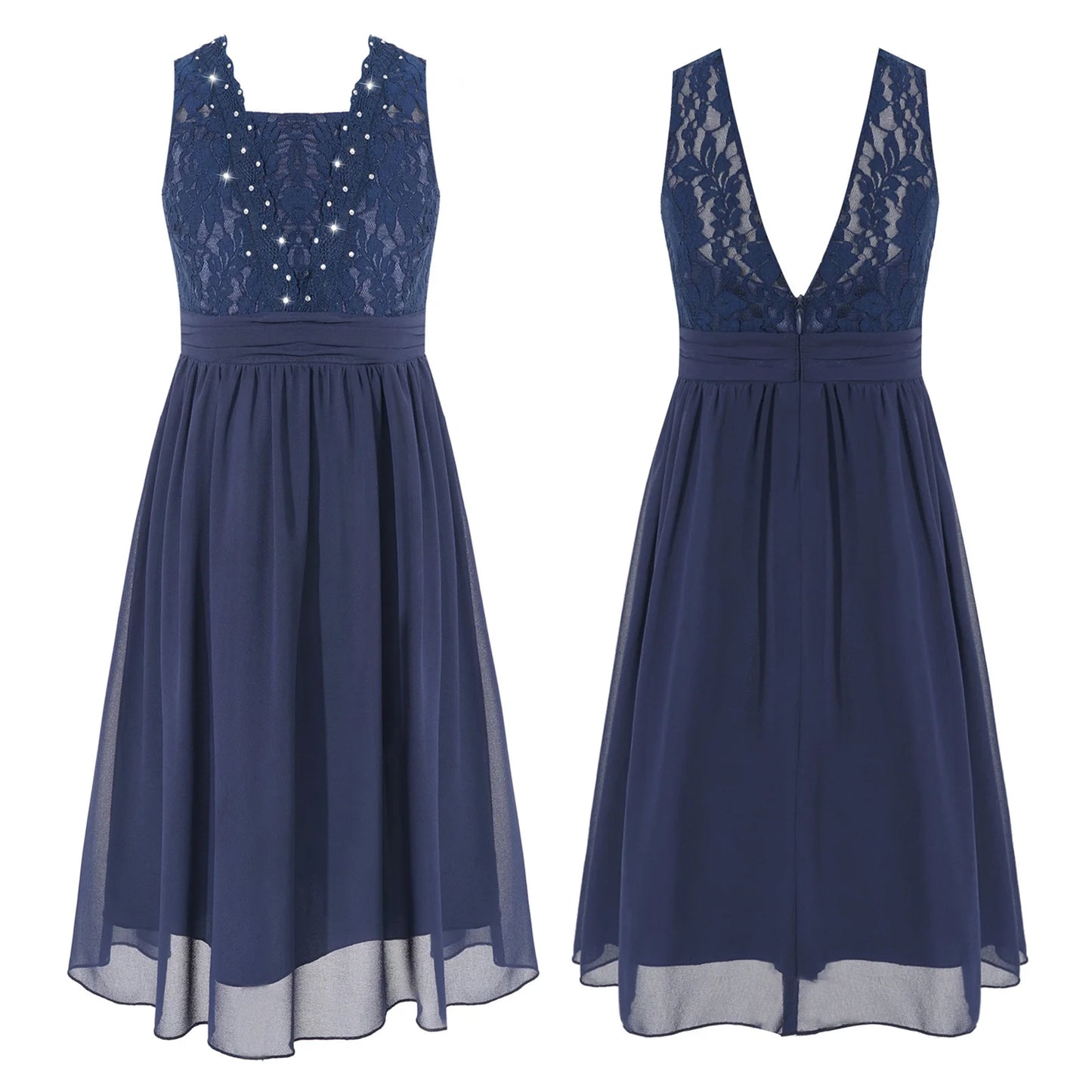 Girls Sheer Floral Lace Chiffon Party Dress Bridesmaid Clothing Sleeveless Backless Pleated Princess Dress for Wedding Birthday