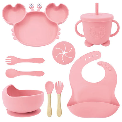 Baby Feeding Set 9PCS Silicone Crab Bowl Plate Spoon Fork Toddler Tableware Kids Dish Infant Utensils