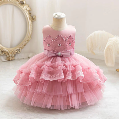 Party Dresses For Girl Formal Prom Wedding Dress Beaded Embroidery Mesh Princess Dress For Infant Baby 1st Birthday Baptism Gown