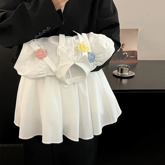 Girls’ Floral Summer Party Dress – White Puff Sleeve Dress with Floral Print Lightweight Cotton Blend for Ages 2–7 Girls Clothes