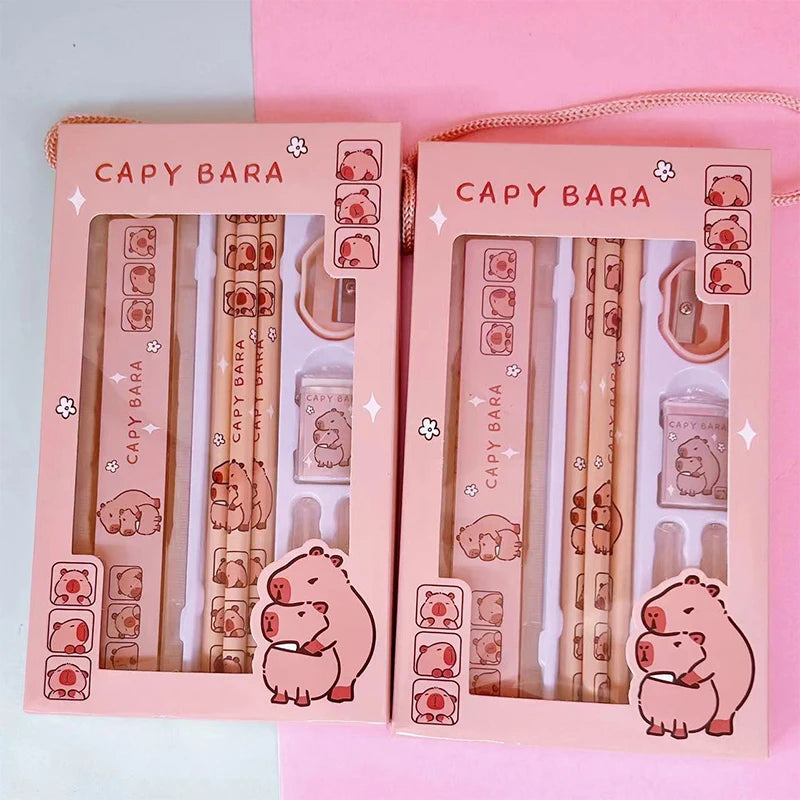 1Set 8 In 1 Student Stationery Capybara Pencil Ruler Eraser Sharpener Set Office Accessories School Writing Supplies Kids Gifts