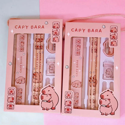 1Set 8 In 1 Student Stationery Capybara Pencil Ruler Eraser Sharpener Set Office Accessories School Writing Supplies Kids Gifts