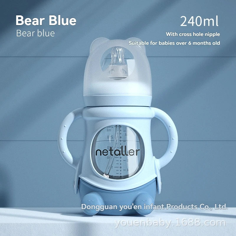 Wide Neck Glass Baby Bottle with Silicone Sleeve & Anti-Colic Straw Nipple – BPA-Free Newborn Feeding Set for Weaning Transition