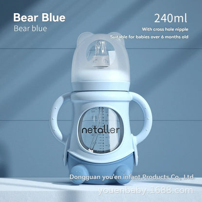 Wide Neck Glass Baby Bottle with Silicone Sleeve & Anti-Colic Straw Nipple – BPA-Free Newborn Feeding Set for Weaning Transition