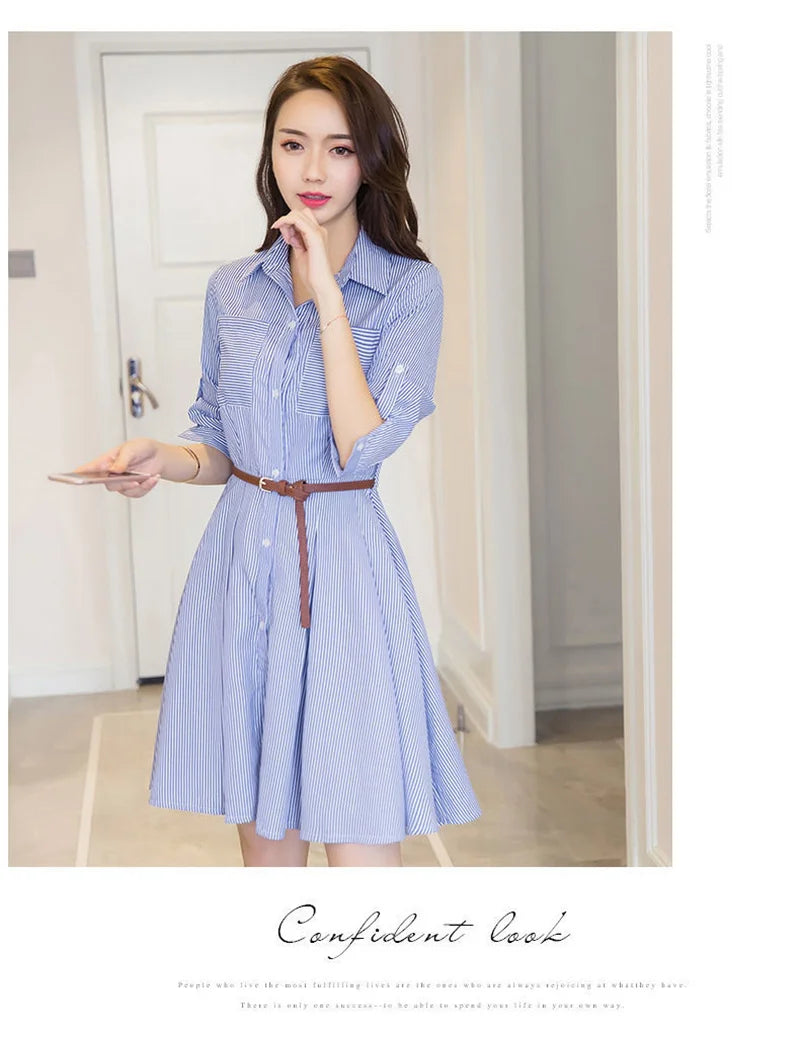 Women Korean Summer Attire Seven Quarter Sleeved Shirt Skirt Female New Fashion Blue White Striped Slim Dress Fit Shirt Skirt