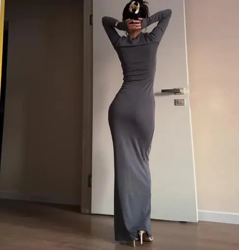 Womens Dresses 2025 Spring Autumn New Fashion Sexy Skinny Hip Hugging Comfortable Solid Color Casual Round Neck Long Dress