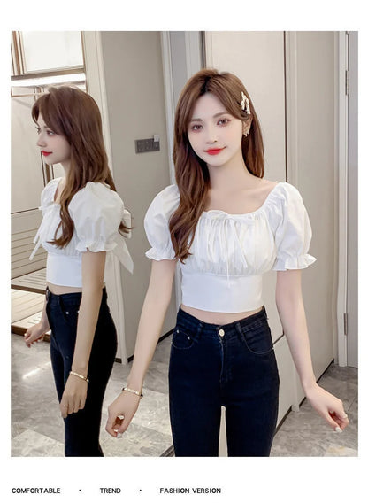 Summer New Fashion Temperament Women Bubble Sleeve Square Collar Shirt Design Sense Of Small Sweet Halter Short Sleeve Top