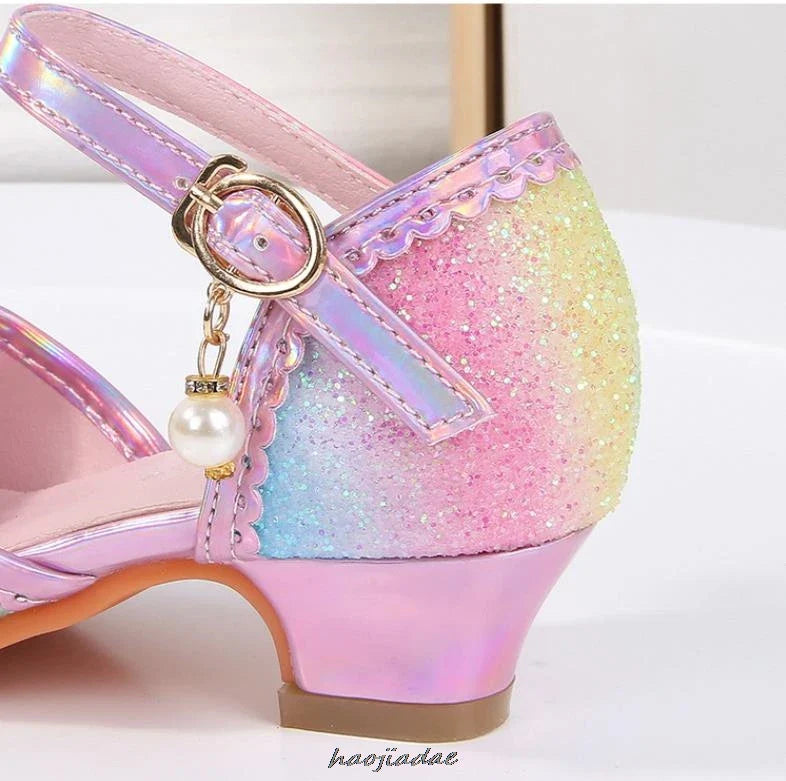 Summer High Heels Shoes for Girls Pageant Kids Sandals Child Mary Jane Shiny Princess Party Dress Up Shoes Purple Gold Pink Blue