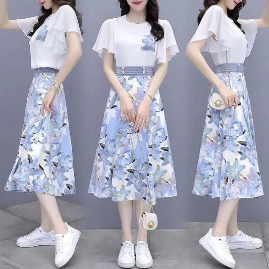 Floral Print Chiffon Dr Set Women's Summer Faion Slimming ular f-length Skirt Two-piece Set round Ne ort Sve