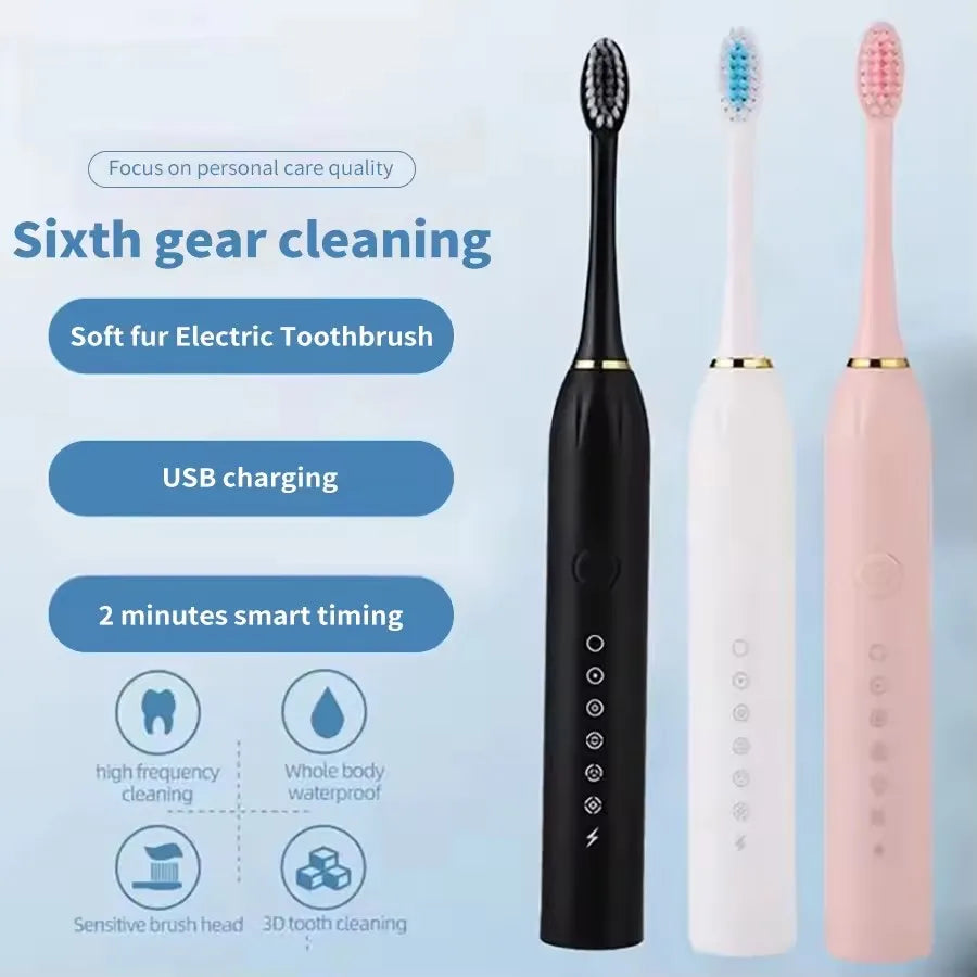 Adult Sonic Electric Toothbrush IPX7 Waterproof with DuPont Brush Head USB Rechargeable High-Frequency Cleaning 6 Modes