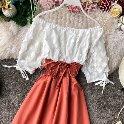 Summer Women's Dress Sexy Off Shoulder Patchwork Party Flower Chiffon Waist Lace Up Beach Short Dresses