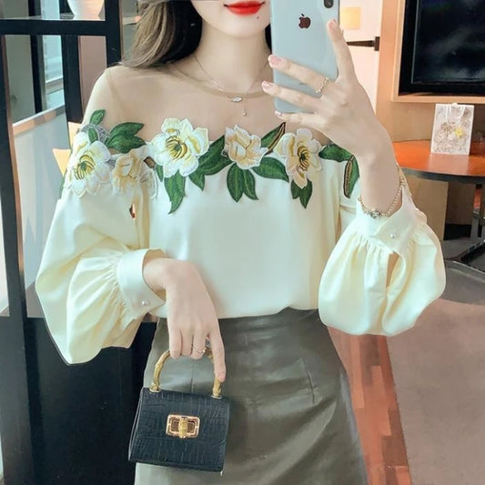 Fashion Women's Blouse Shirt Patchwork Long Sleeve Mesh Perspective Embroidered Flowers Chiffon Shirt Sexy Apricot Floral Shirt