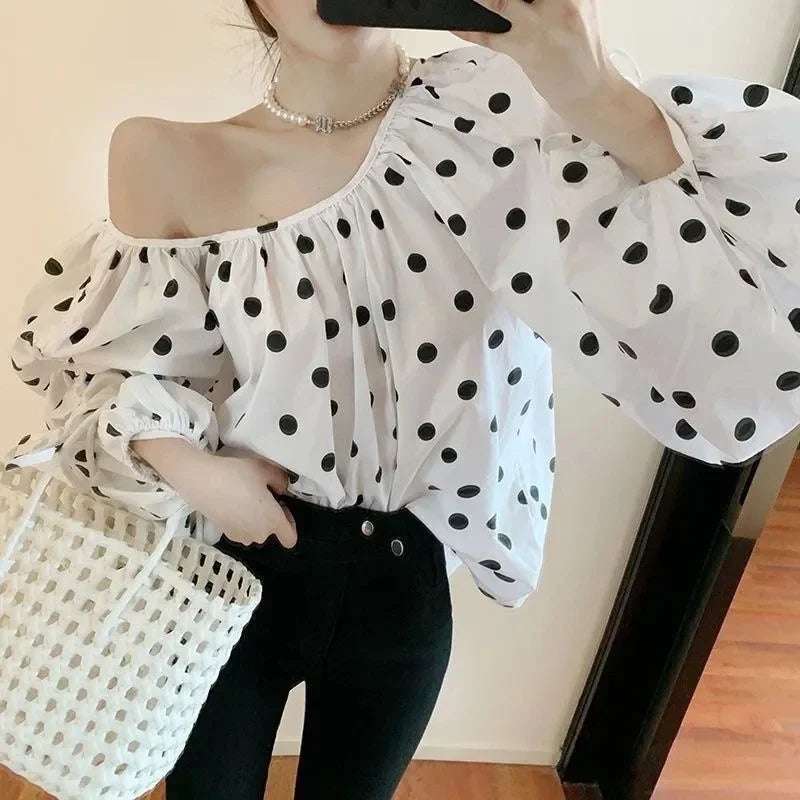 JOEVILU Polka Dot Shirt Off Shoulder Bubble Sleeve Tops Women's White Loose Simple Top French Casual Blouse In Spring and Summer