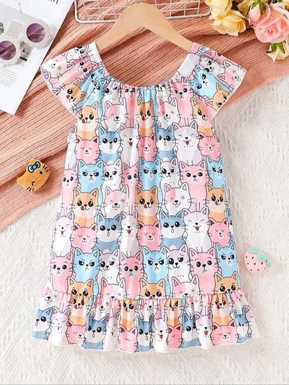 Girls' Summer Dress, Fashionable and Stylish, Elastic Off-The-Shoulder Design, Cartoon Cat Print, Knee-Length Skirt, Little Girl's Summer Casual and Versatile Clothing