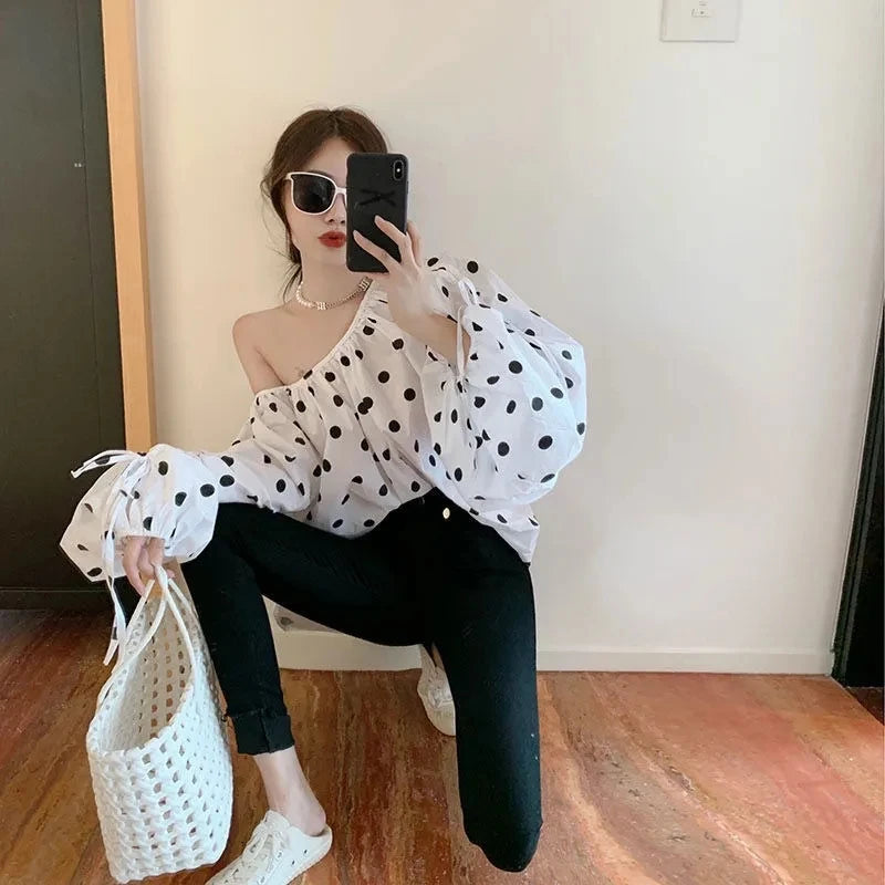 JOEVILU Polka Dot Shirt Off Shoulder Bubble Sleeve Tops Women's White Loose Simple Top French Casual Blouse In Spring and Summer
