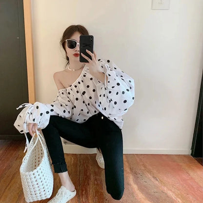 JOEVILU Polka Dot Shirt Off Shoulder Bubble Sleeve Tops Women's White Loose Simple Top French Casual Blouse In Spring and Summer