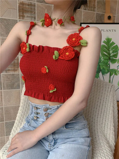 Camis Women 3D Decoration Patchwork Crop Top Slim Design Retro Classic Sexy Basic Korean Style Ulzzang Ins Holiday College Young