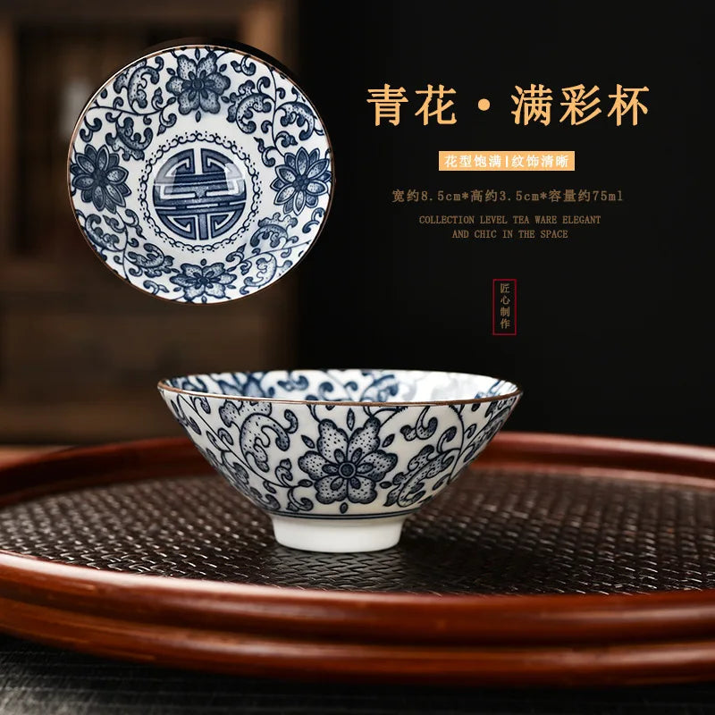 Blue and White Porcelain Cone Teacup Anti Scaling Hand-painted Tasting Tea Bowl Travel Meditation Cup Chinese Tea Set 70ml
