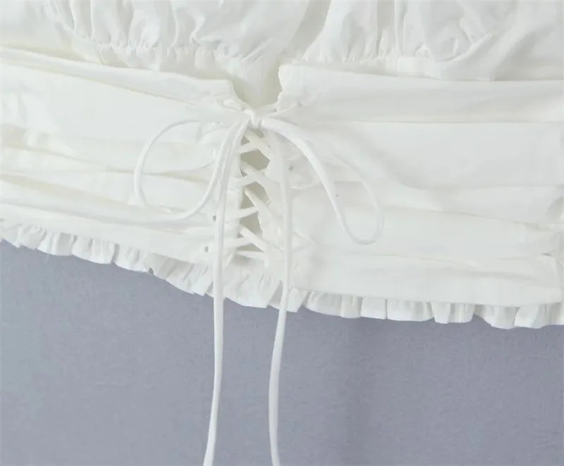Mingmingxi Short Sleeve Cropped Top Women Fashion White Square Neck Tops Preppy Style Cotton Lace Up Blouse Women Clothing