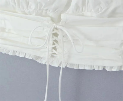 Mingmingxi Short Sleeve Cropped Top Women Fashion White Square Neck Tops Preppy Style Cotton Lace Up Blouse Women Clothing