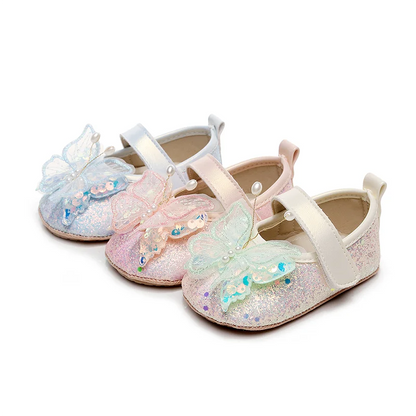 Shiny 3D Butterfly Princess Dress Shoes for Baby Girl Glitters Flats Non-Slip Crib Shoes Walking Shoes for Toddlers Infants